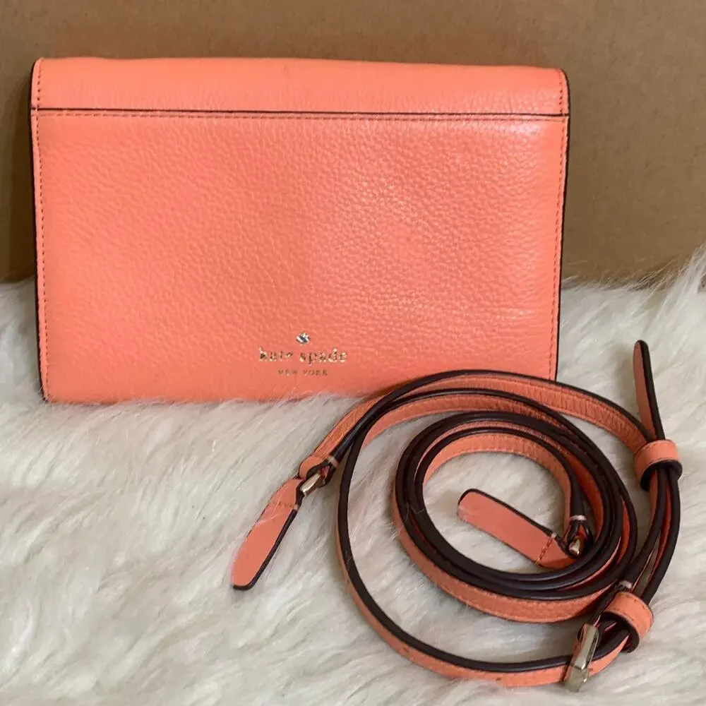 KATE SPADE Melon Pebbled Leather MARTI Large Slim Flap Wallet w/XBody Strap